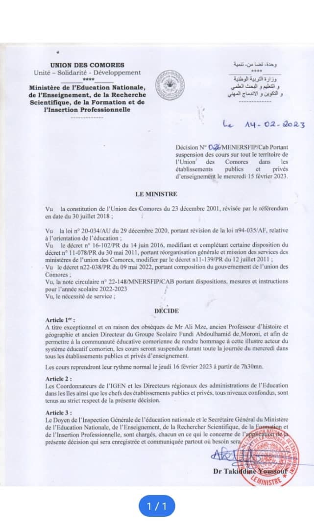image Le ministre de l’éducation décide un arrêt des cours d’une journée